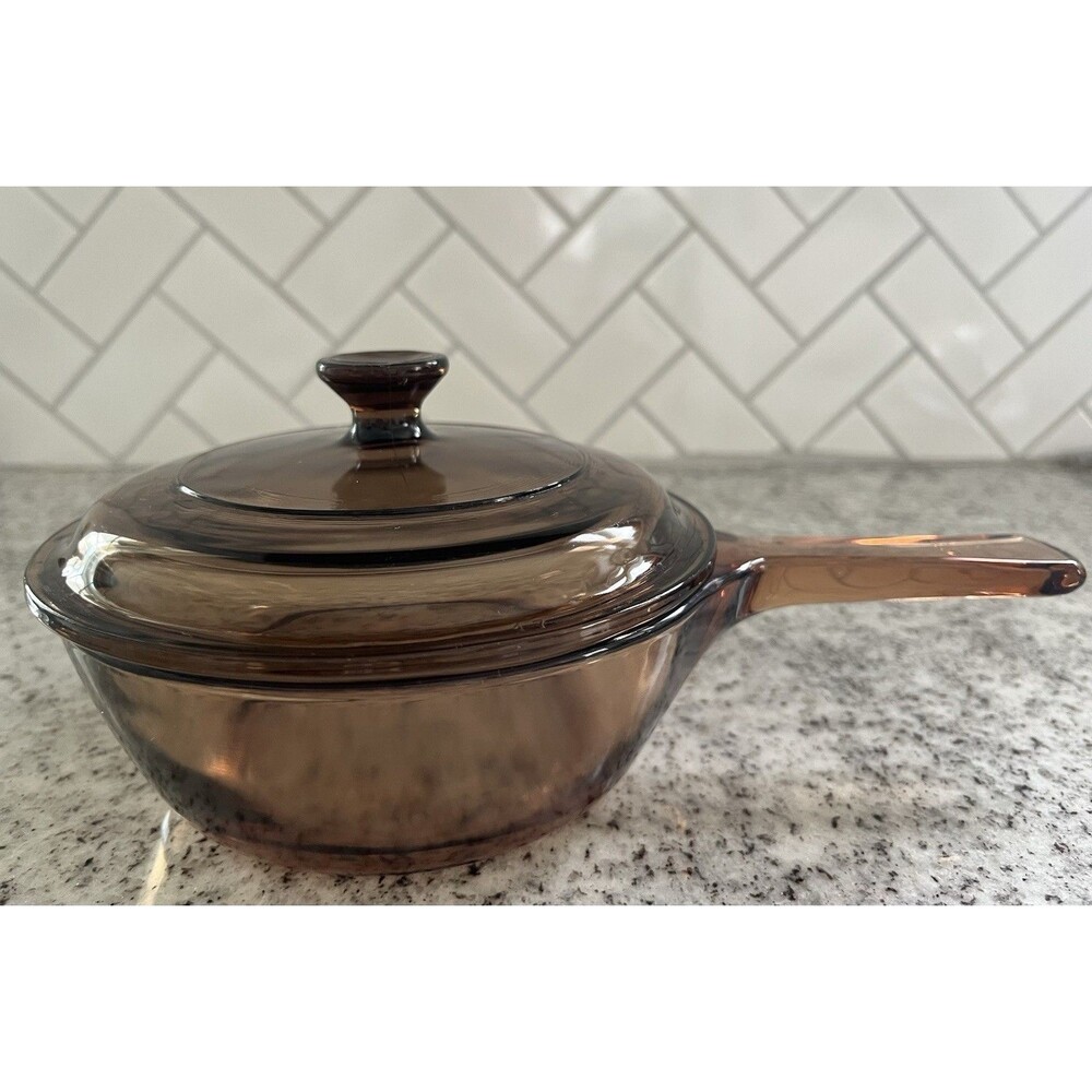 Vintage Corning Visions 0.5L Amber Glass Saucepan Pot Pyrex Lid V-81 USA
